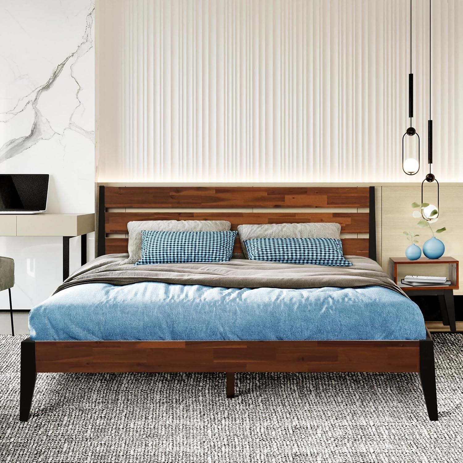 Acacia Emery 2-Pcs Bedroom Set – Solid Wood Platform Bed Frame & Matching Nightstand, Mid-Century Modern Farmhouse, 800 lbs Capacity, No Box Spring Needed
