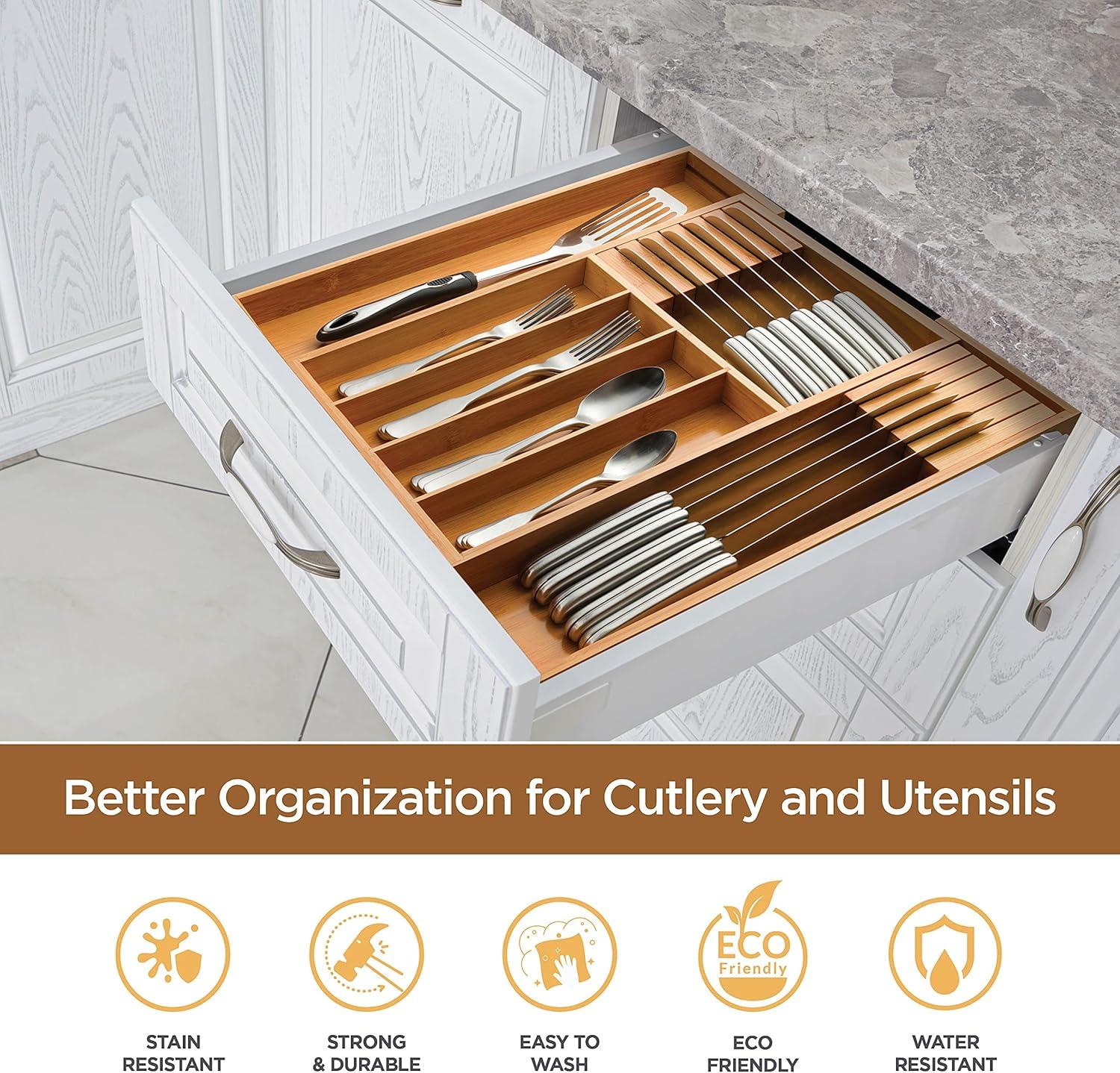 Adjustable Bamboo Expandable Kitchen Drawer Organizer with Knife Block