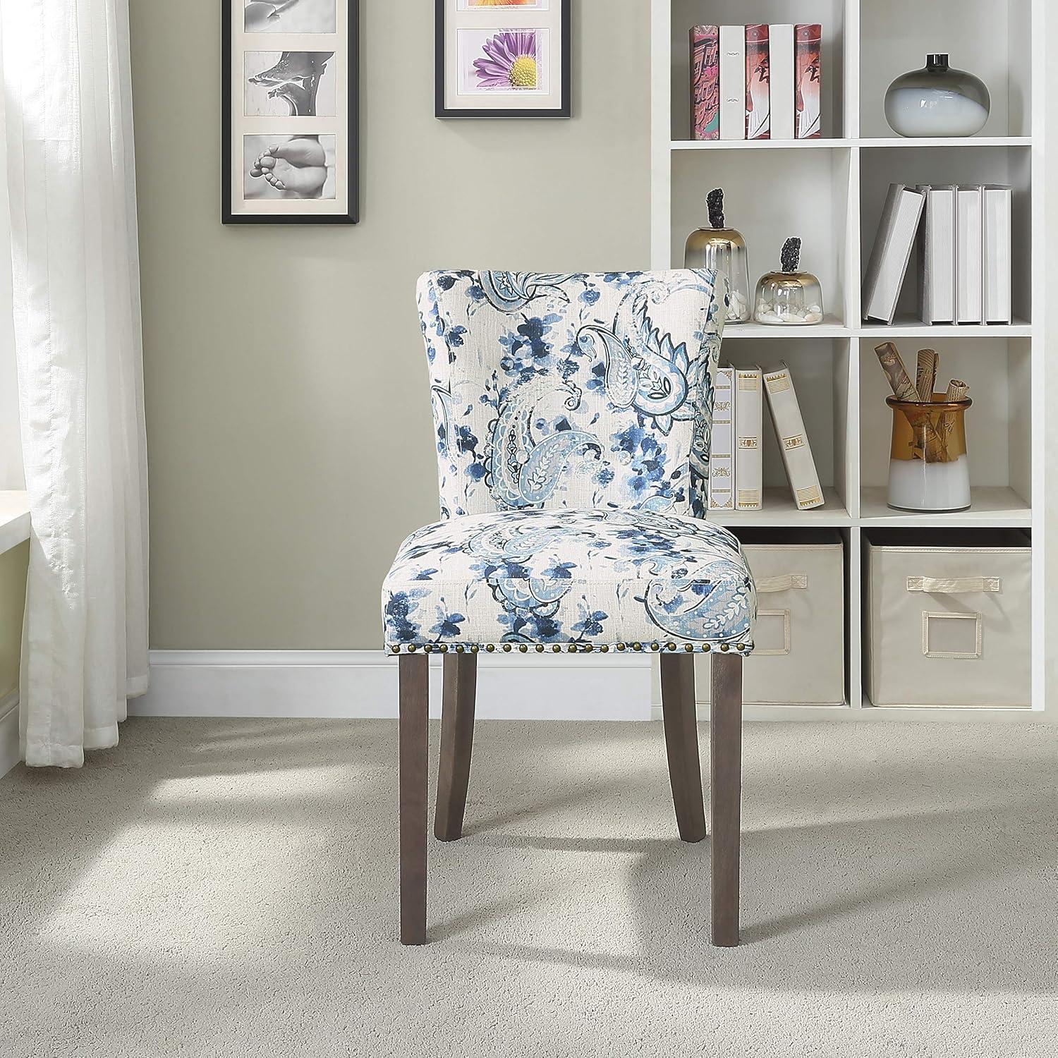 Paisley Blue Upholstered Side Chair with Wood Legs