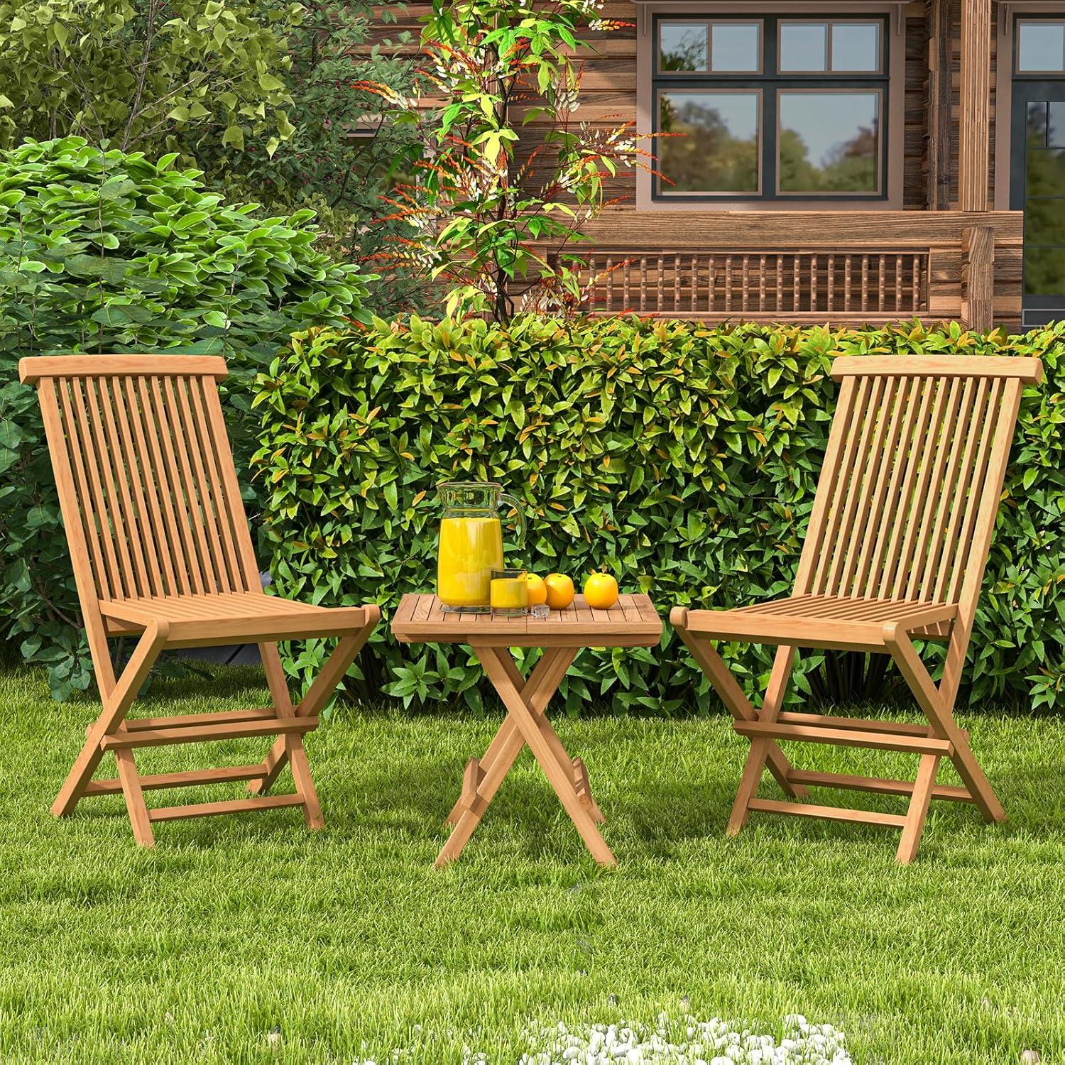 YYAo Folding Outdoor Chair, Folding Chair, Portable Dining Chair, Set of 2 Teak Patio Folding Chairs with High Back and Slatted Seat