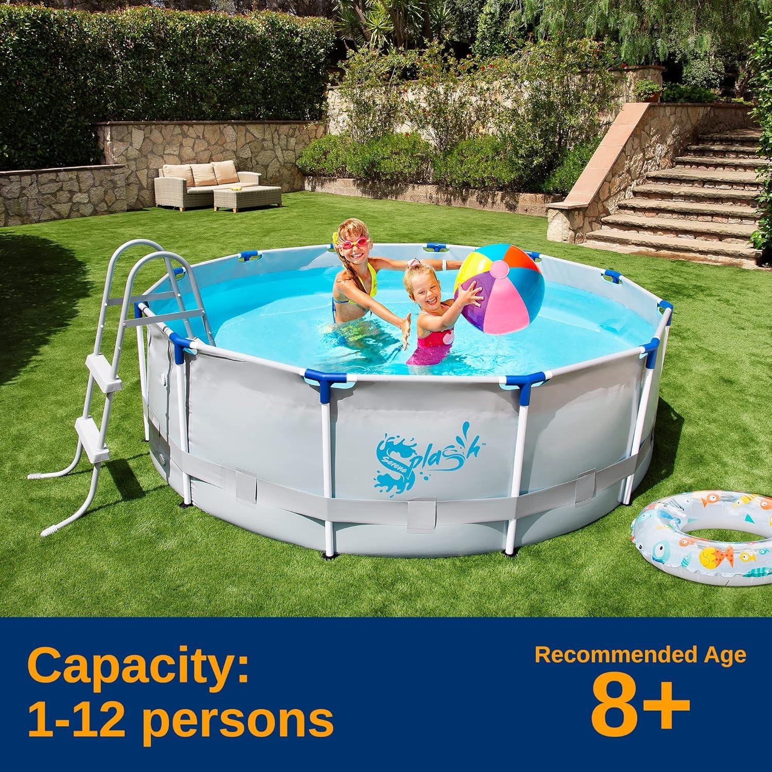 SereneLife 18' Round Metal Frame Pool Set with Ladder, Filter, and Pool Cover