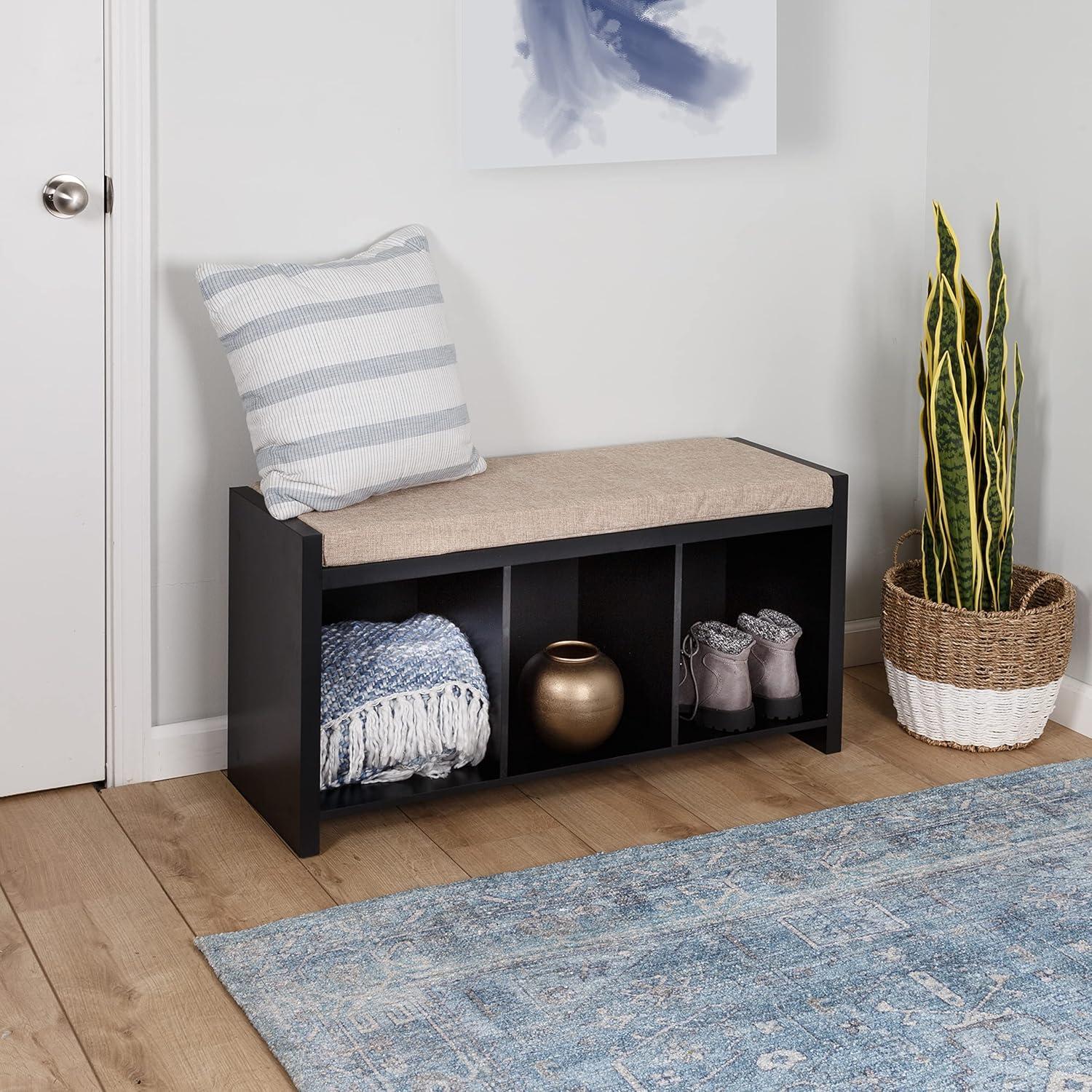Honey-Can-Do Wood 3-Cubby Shoe Storage Organizer Bench with Cushion, Black/Tan