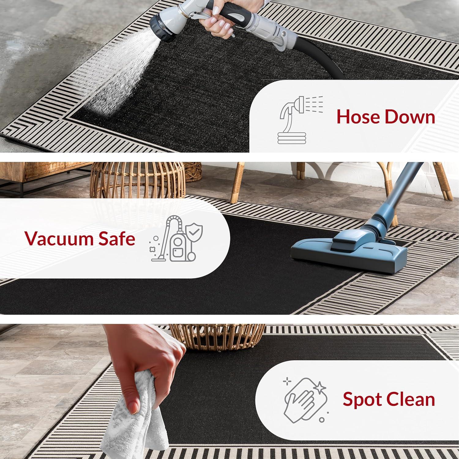 Black and Beige Striped Synthetic 4' x 6' Outdoor Area Rug