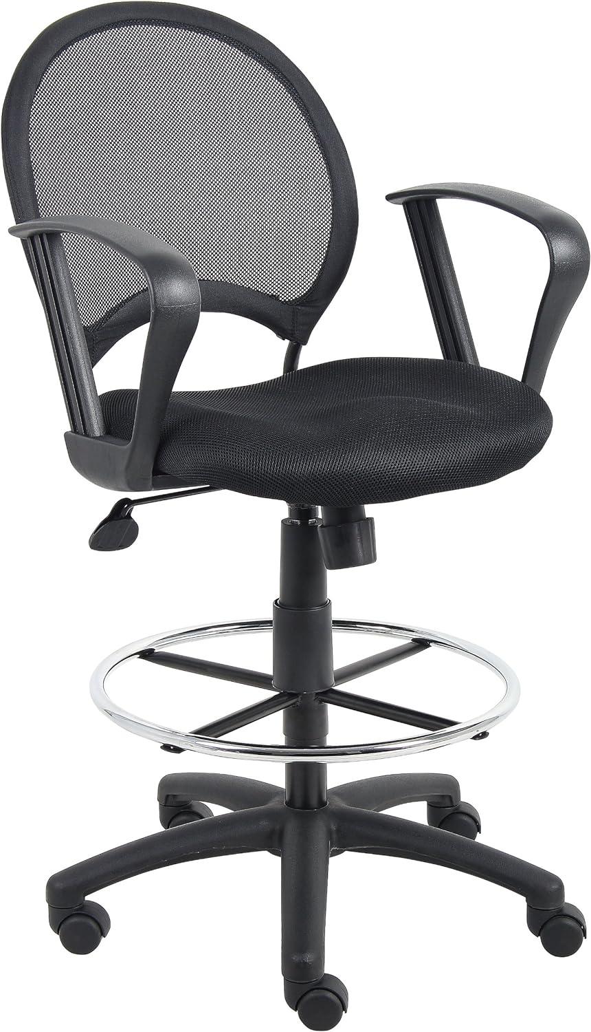 Mesh Drafting Stool with Loop Arms Black - Boss Office Products: Swivel, Nylon Legs, Metal Frame, 275lb Capacity