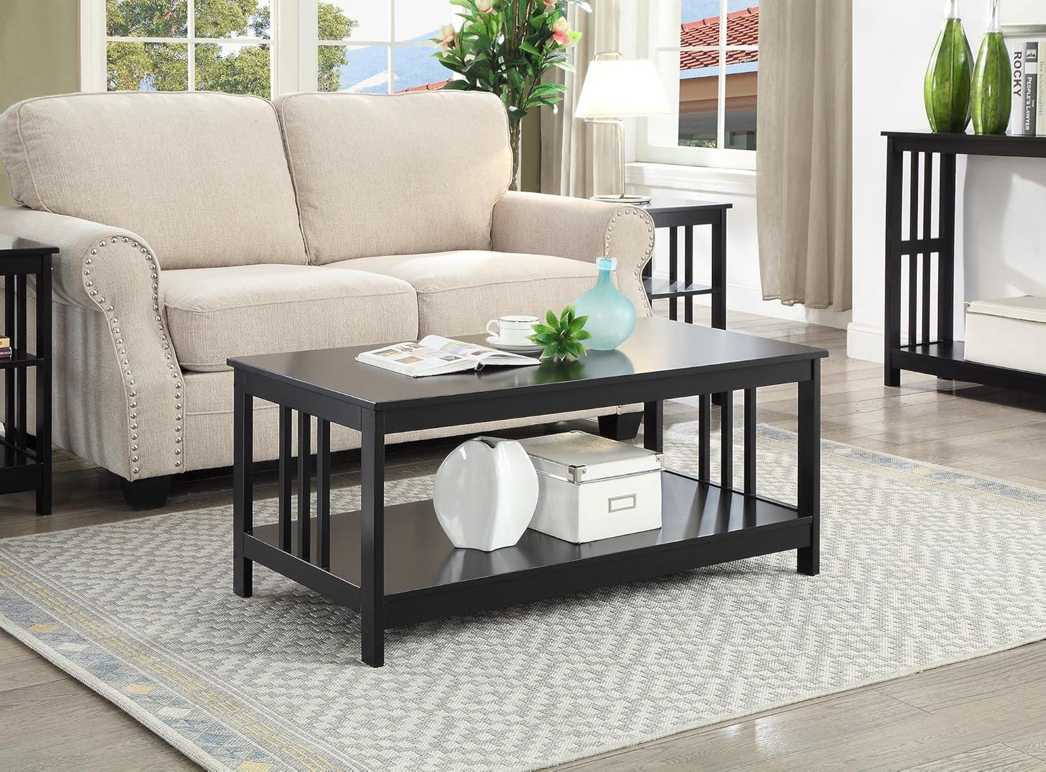 Classic Mission-Style Black Wood Coffee Table with Shelf