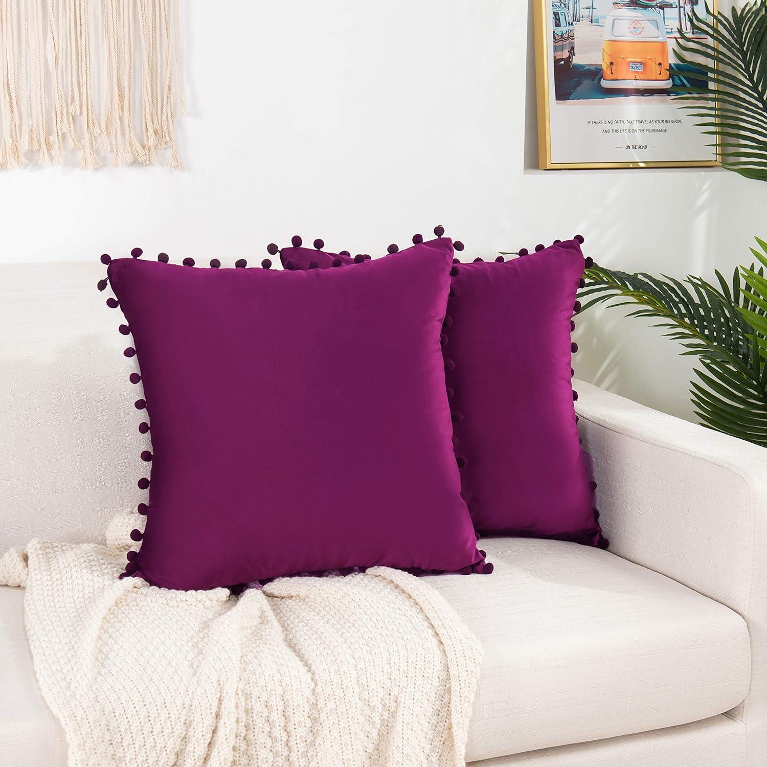 Elegant Comfort POM-POMS Fringe Velvet Cushion Covers Set of 2, Velvet Soft Solid Decorative Square Throw Pillow Covers Set Cushion Case for Couch Bed, Livingroom 18 x 18 Inch (45 x 45 cm), Purple