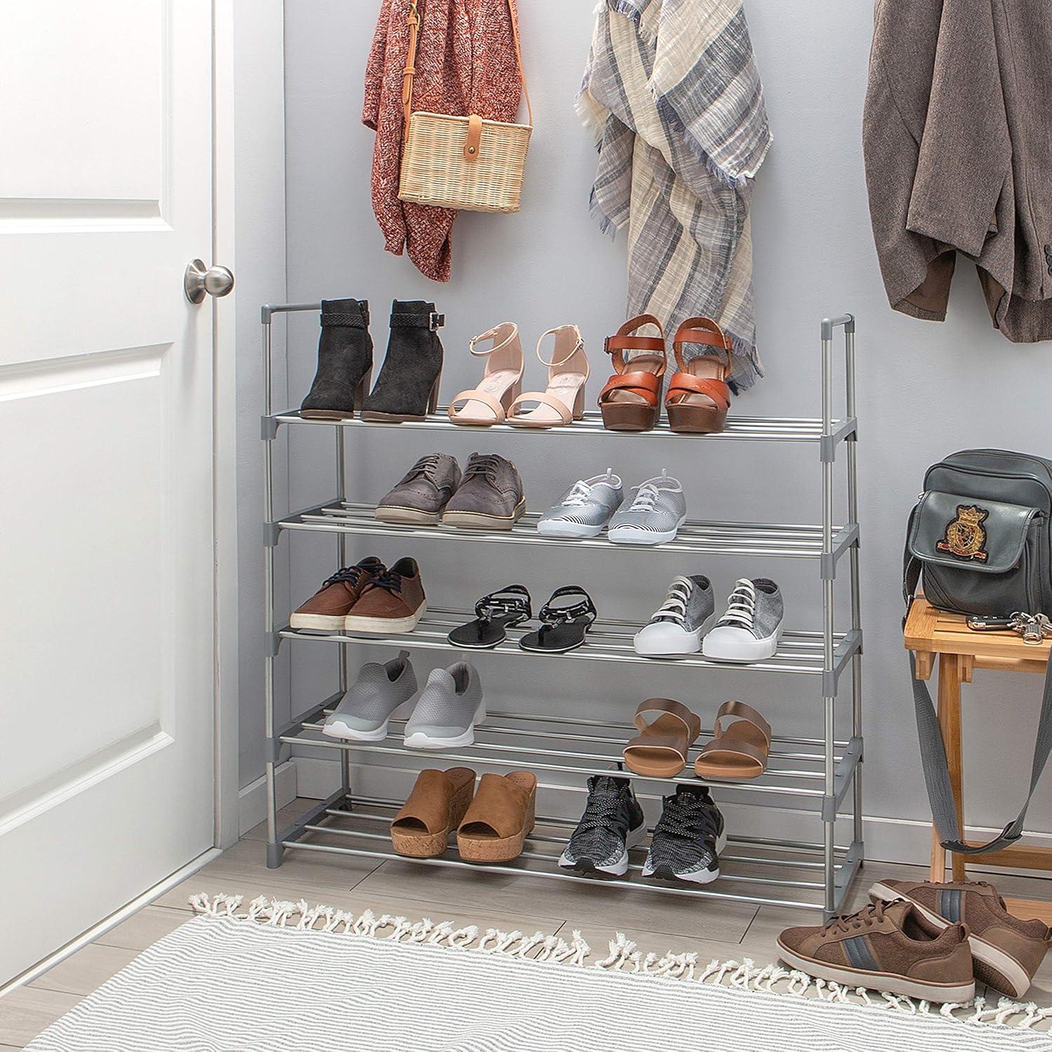 Gray 5-Tier Stackable Metal Shoe Rack for Closets