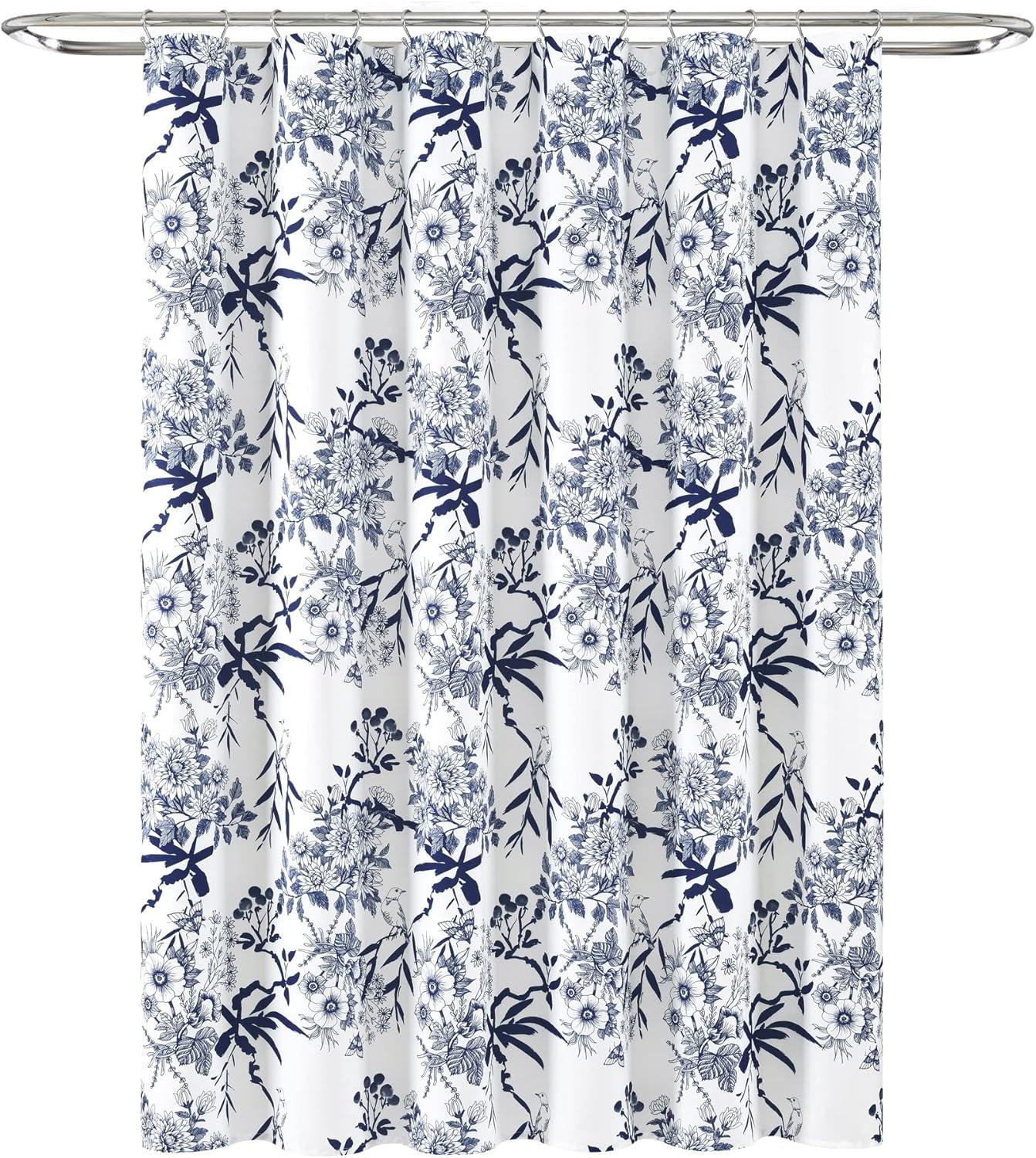 Lush Décor Botanical Garden Shower Curtain Navy : Microfiber, Machine Washable, Non-Slip Backing