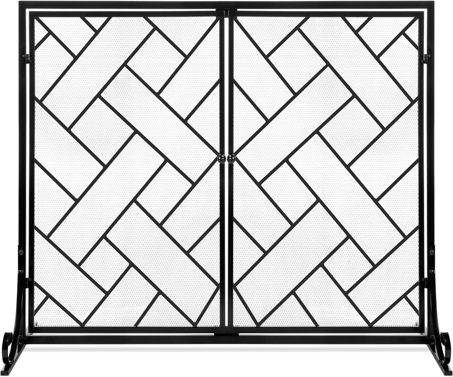 Best Choice Products 44x33in 2-Panel Handcrafted Wrought Iron Geometric Fireplace Screen w/ Magnetic Doors