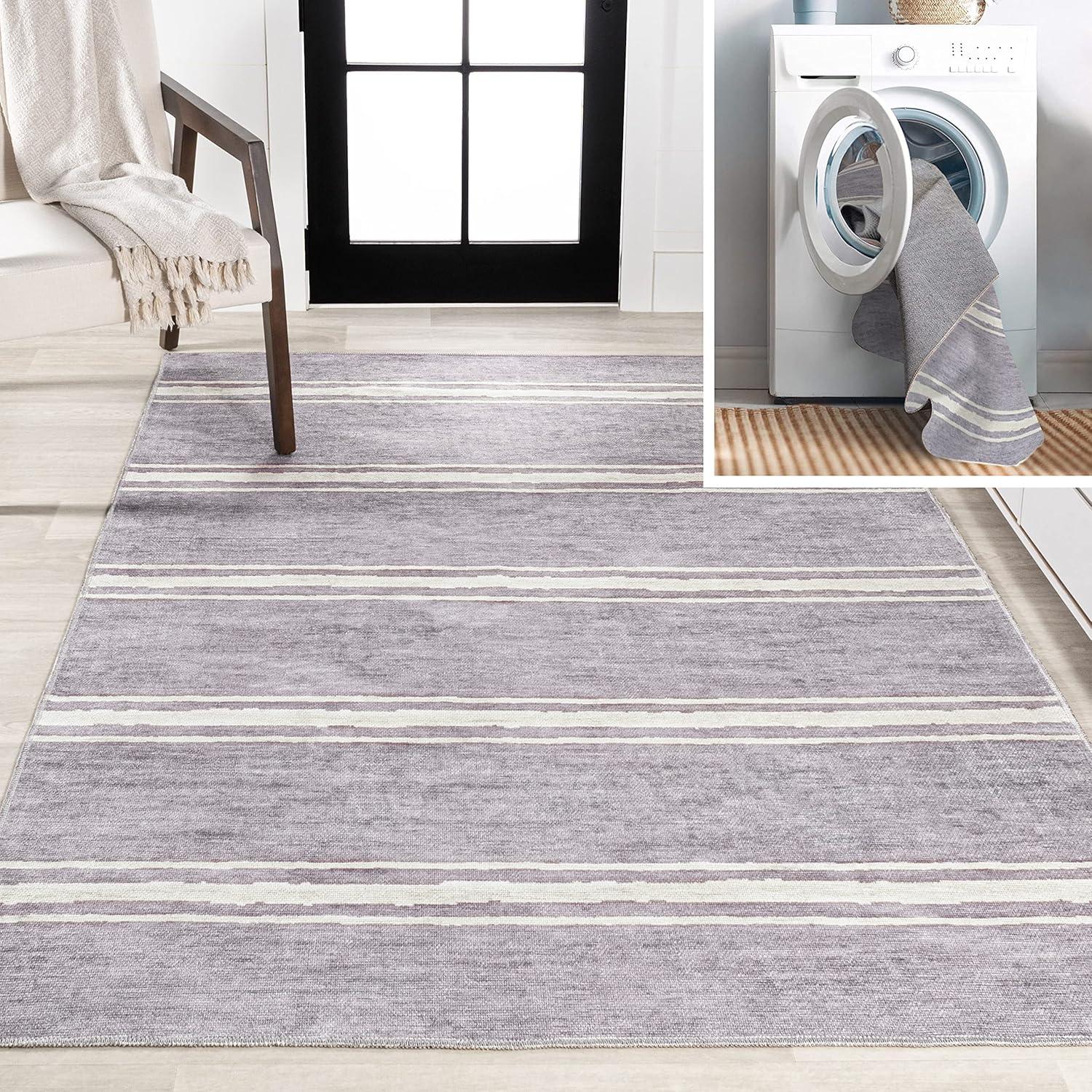 Lavender Ivory Stripe Machine-Washable Rectangular Area Rug