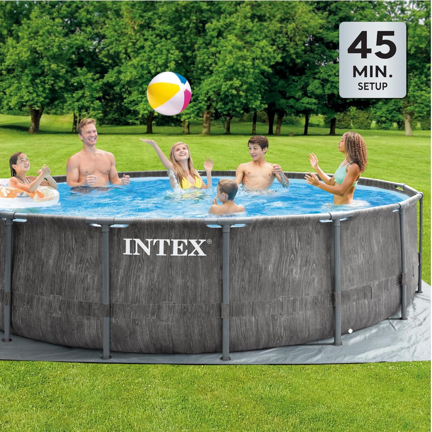 INTEX Round Prism Frame 15ft x 48in Above Ground Swimming Pool Set w/ Pump