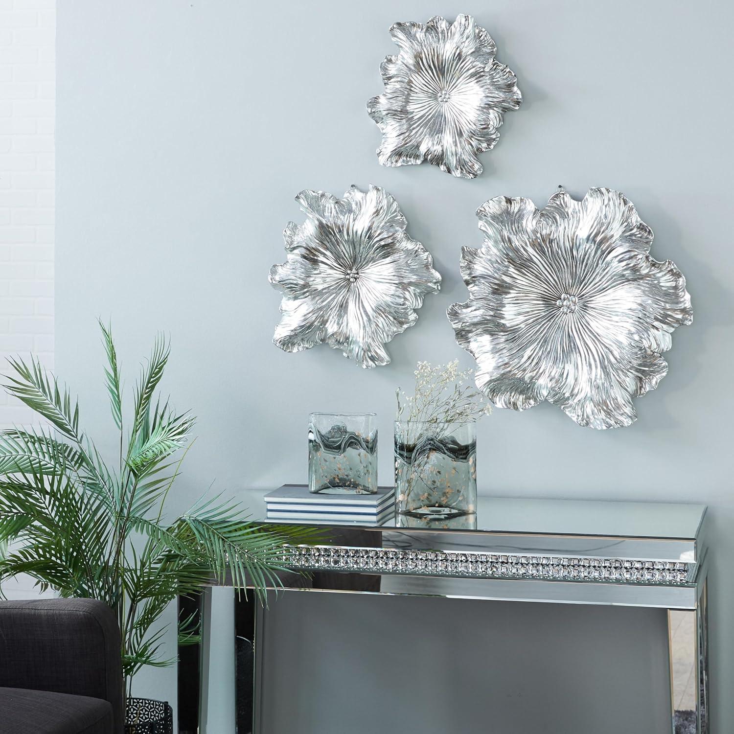 DecMode Silver Polystone 3D Floral Wall Decor (3 Count)