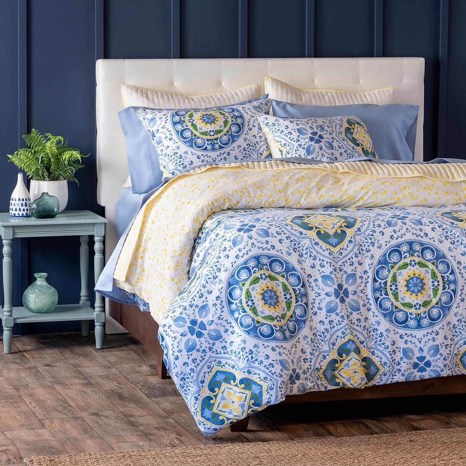 King Size Blue and Yellow Cotton 3-Piece Duvet Set