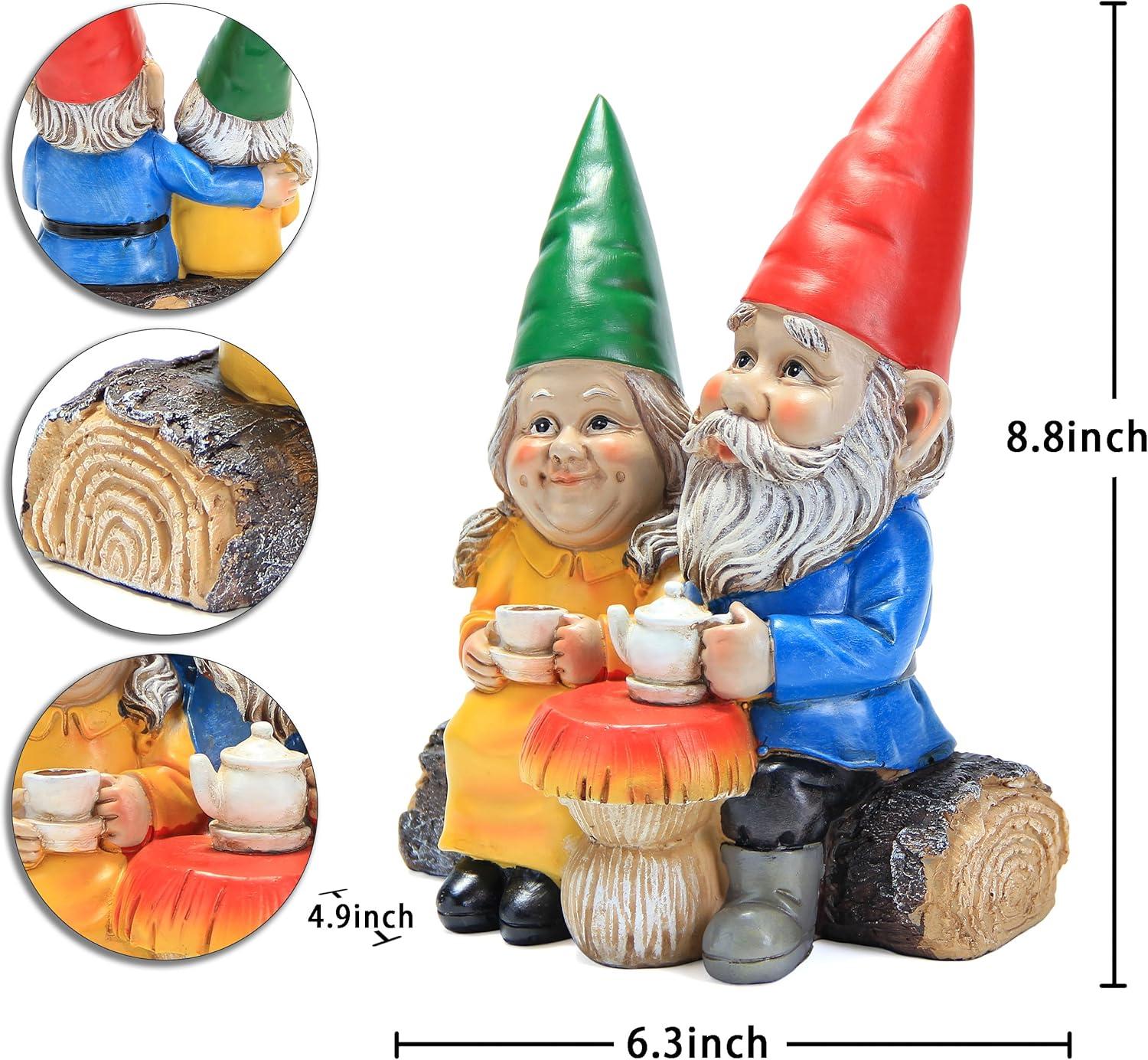 Colorful Resin Couple Gnomes on Log with Mushroom Table