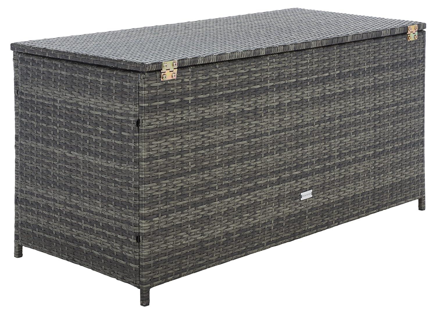 Oliveira Outdoor Cushion Deck Box - Grey Brown/White Cushion - Safavieh