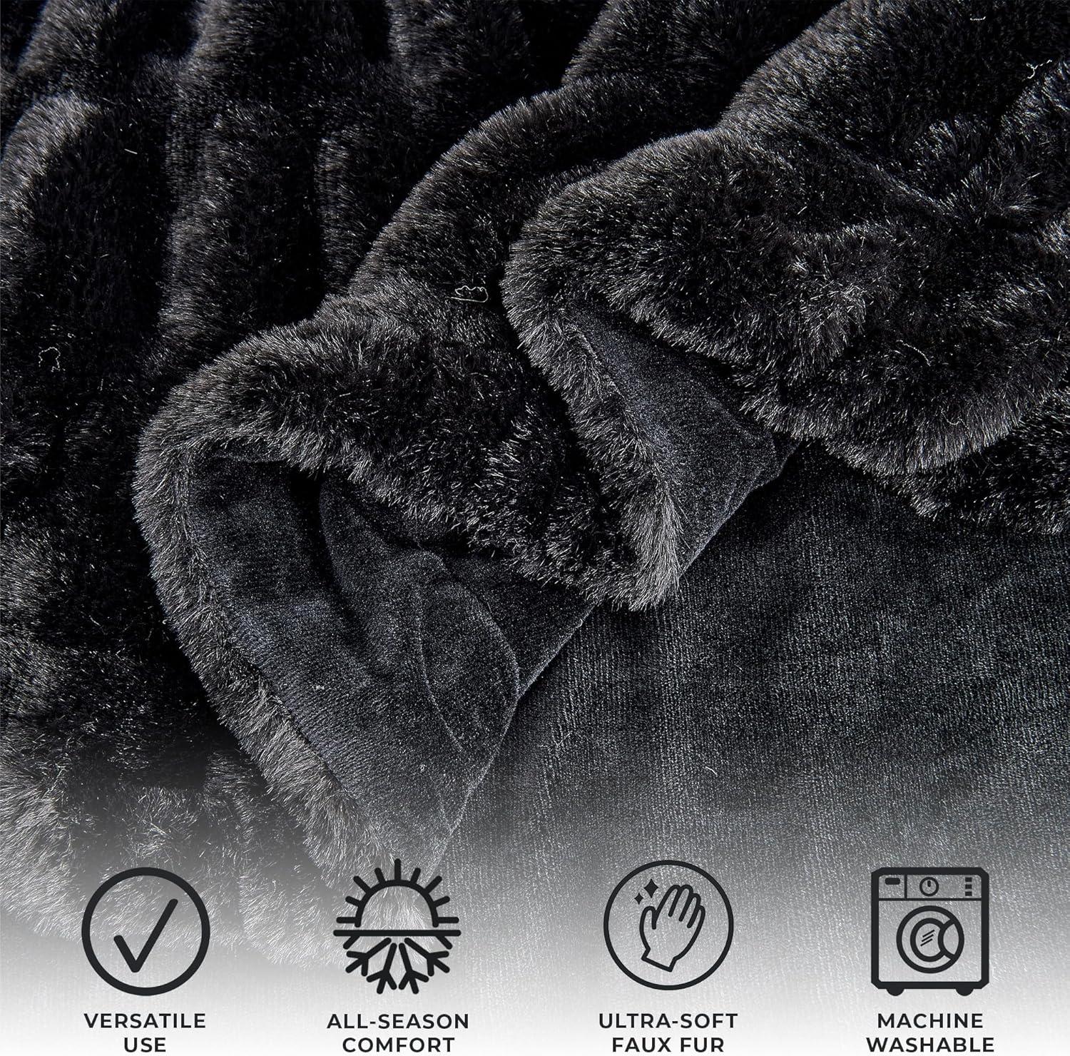 Black Faux Fur Reversible Throw Blanket for Couch or Chair, 50" x 60"