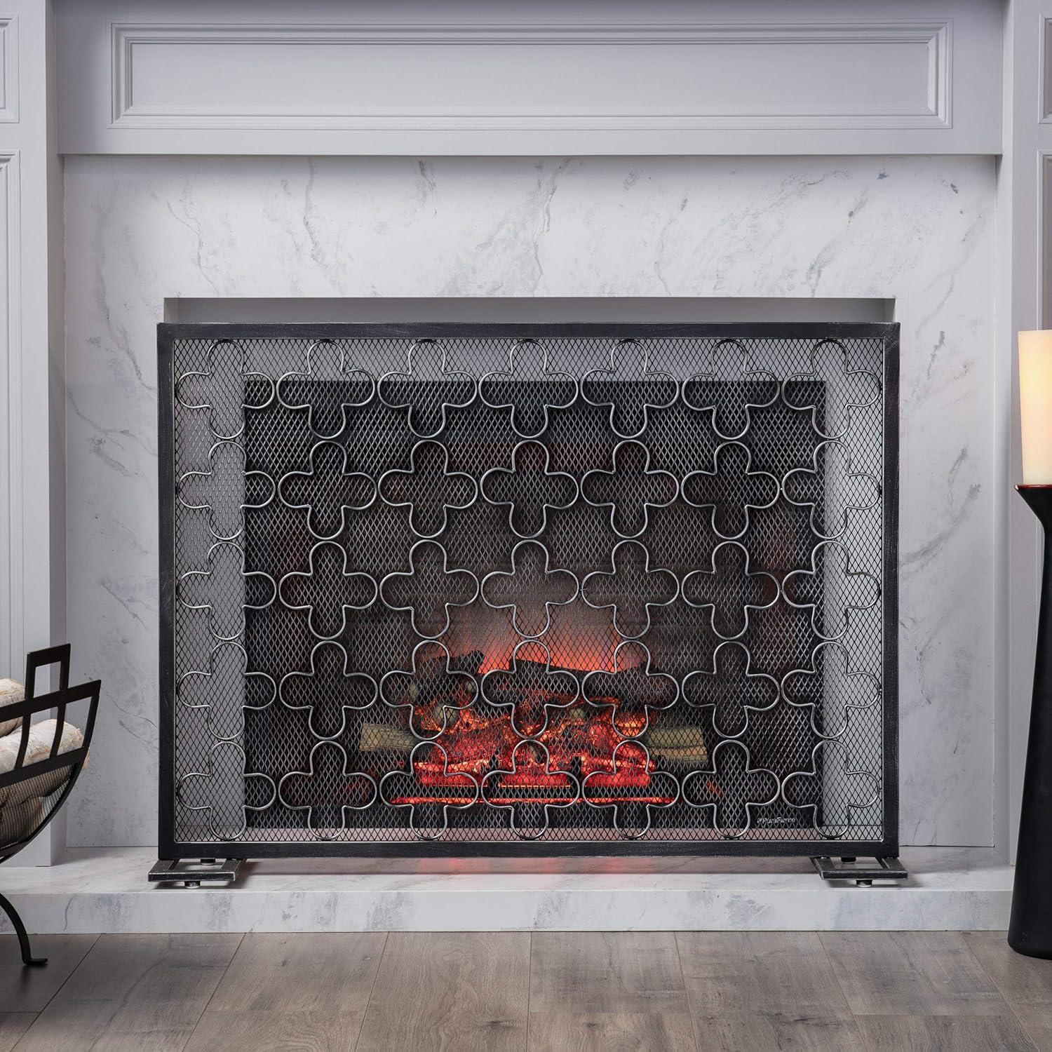 GDF Studio Pepperwood Modern Single Panel Iron Fireplace Screen, Black Brushed Silver