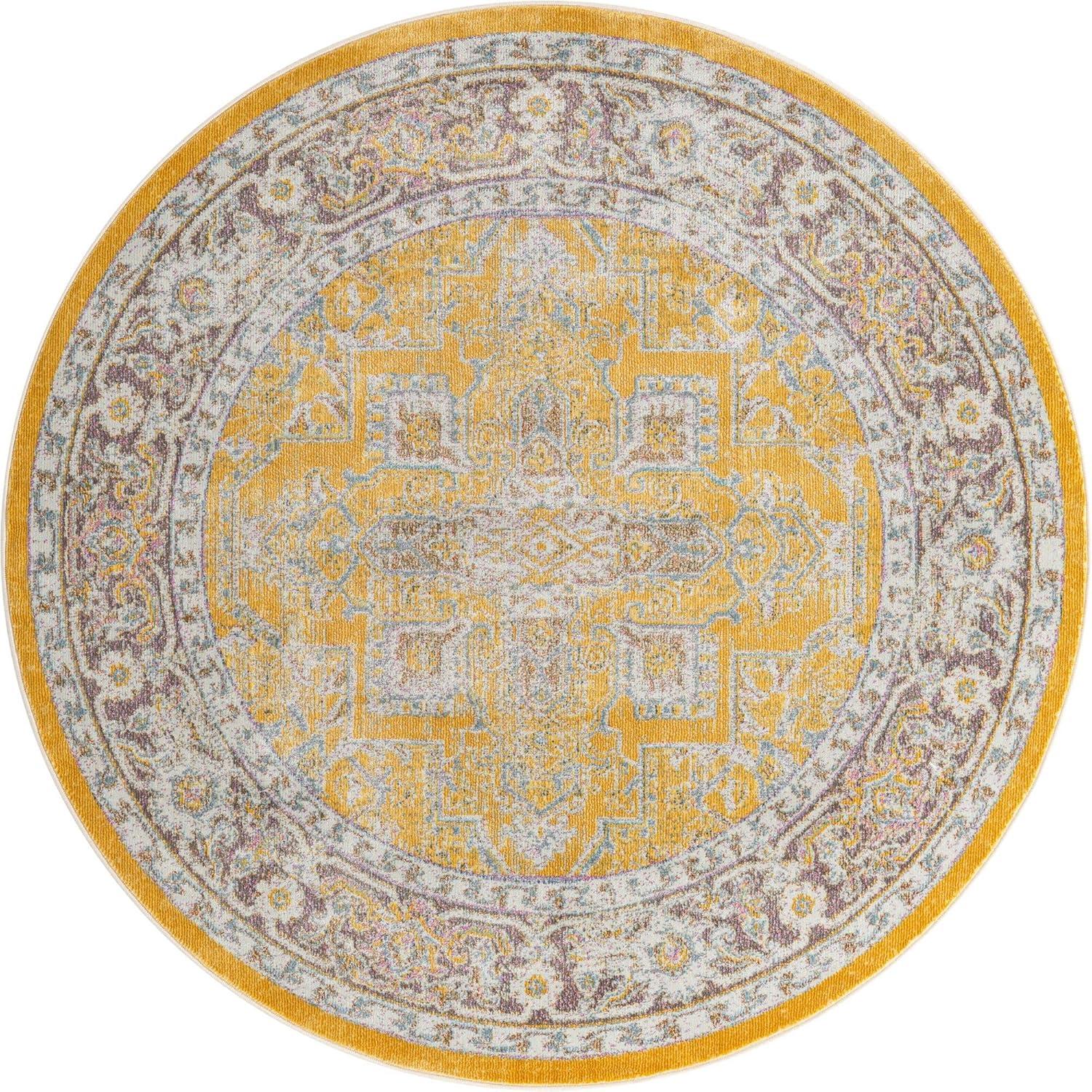 Yellow and Ivory Round Stain-Resistant Area Rug