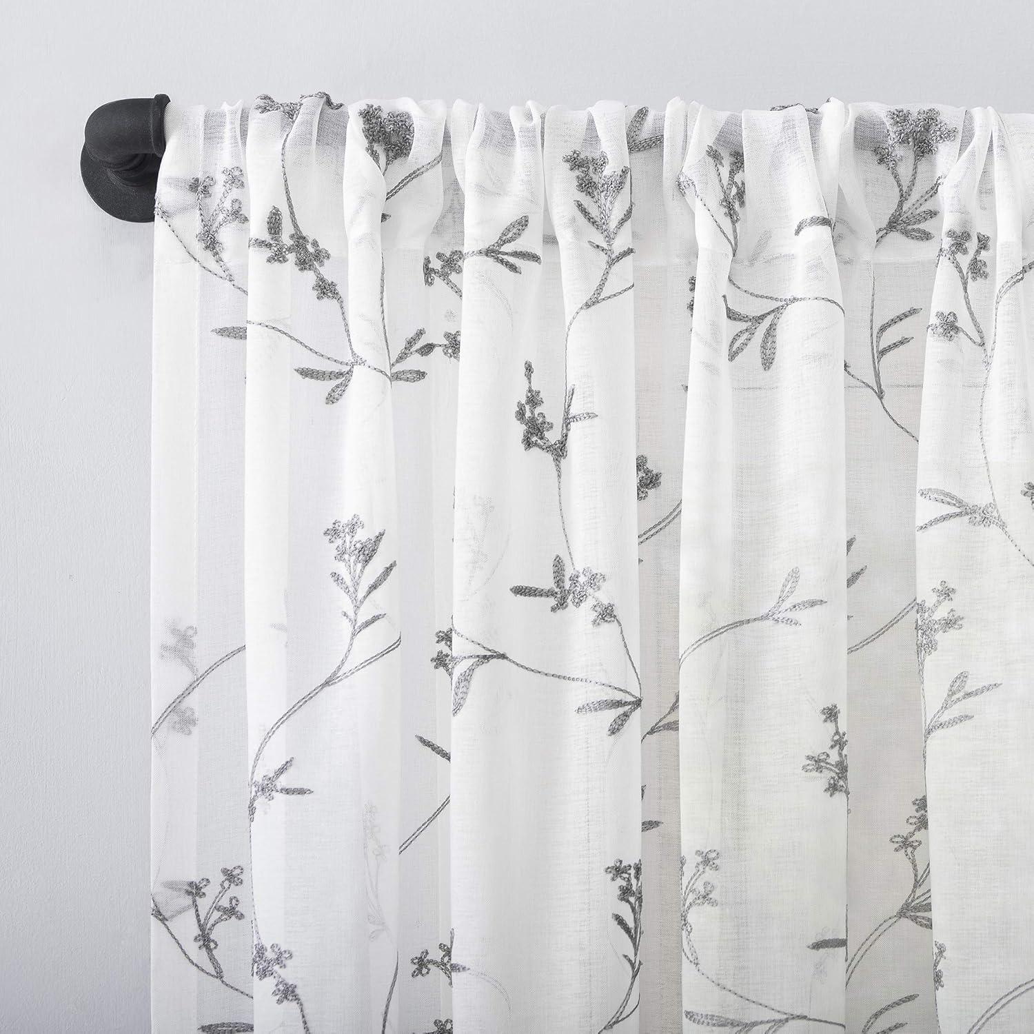 White Sheer Embroidered Floral Rod Pocket Curtain Panel