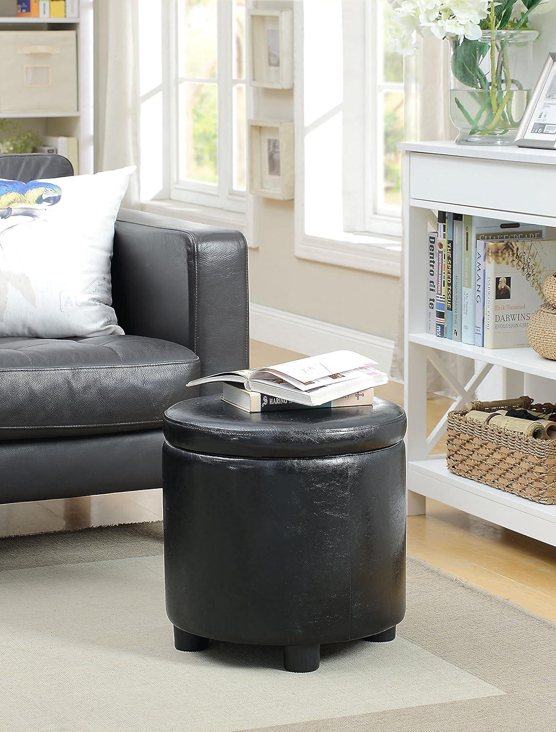 16" Round Black Faux Leather Ottoman with Reversible Tray