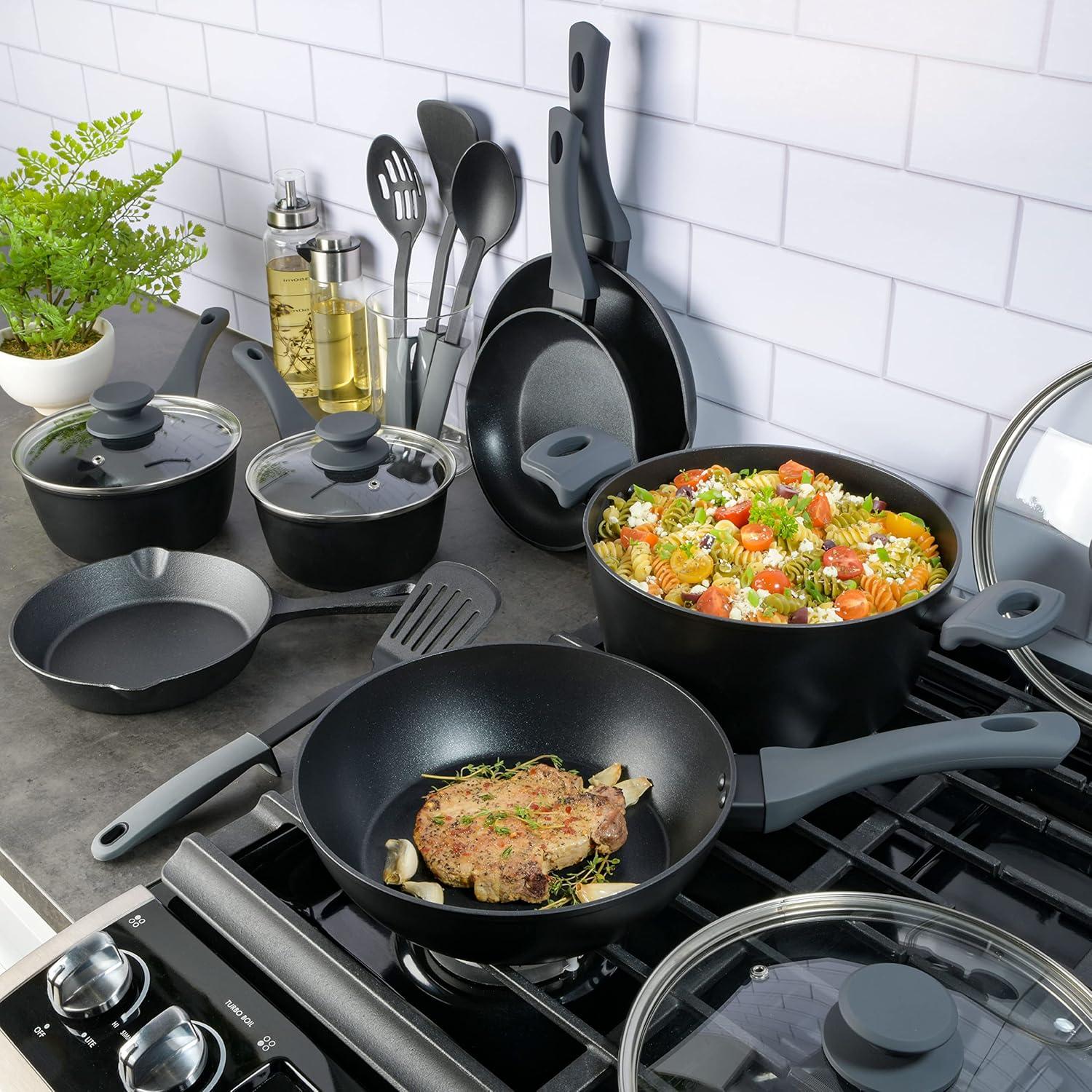 Gibson Elite Soho Lounge 15 Piece Non Stick Cookware Combo Set in Black