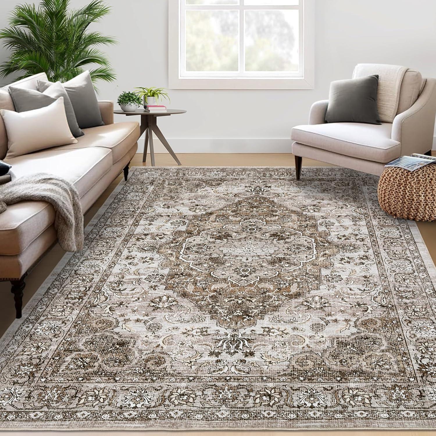 Tzou Brown 8x10 Area Rugs for Living Room, Vintage Washable Low Pile Carpet with Non-Slip Rubber Backing for Home Office