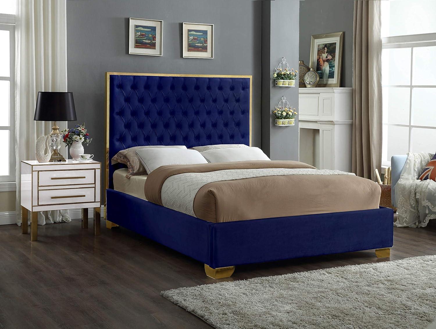 Meridian Furniture Lana Solid Wood and Velvet Twin Bed in Navy