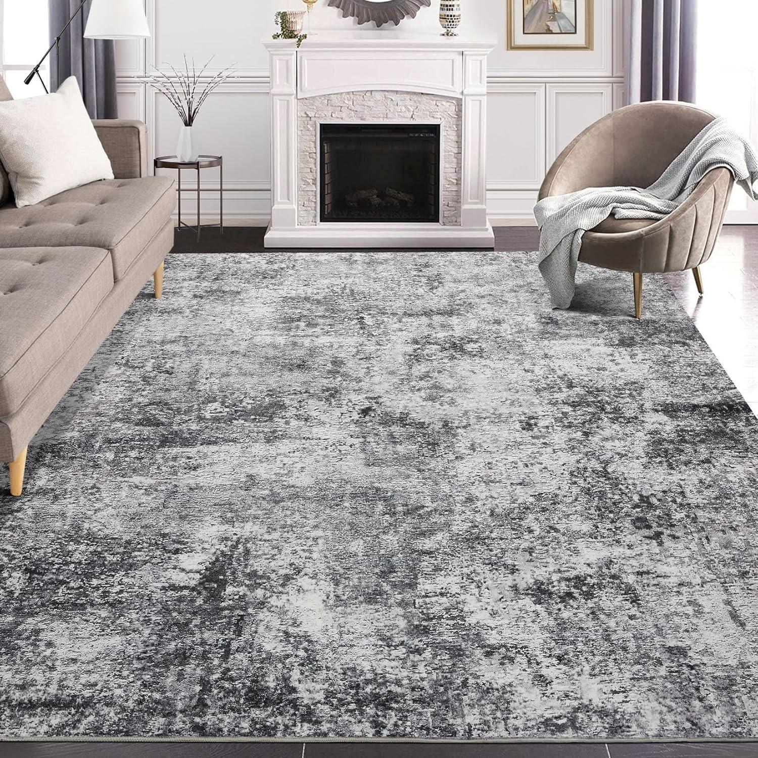 Gray Abstract Washable 9' x 12' Synthetic Area Rug