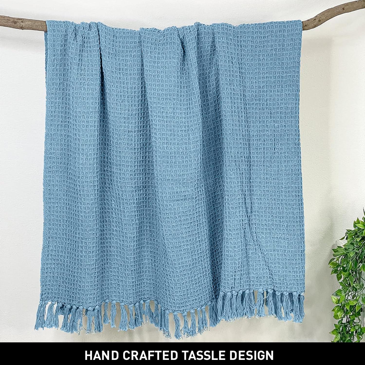 Stonewash Blue Cotton Waffle Weave Throw Blanket