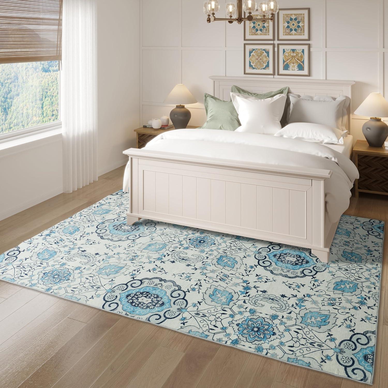 Machine Washable Thin Area Rug - Oriental Vintage Rust Red Kitchen, Bedroom, Hallway, Bathroom, and Entryway 3x5 Rugs - Stain and Water-Resistant - Non-Slip - Pet and Kid Friendly