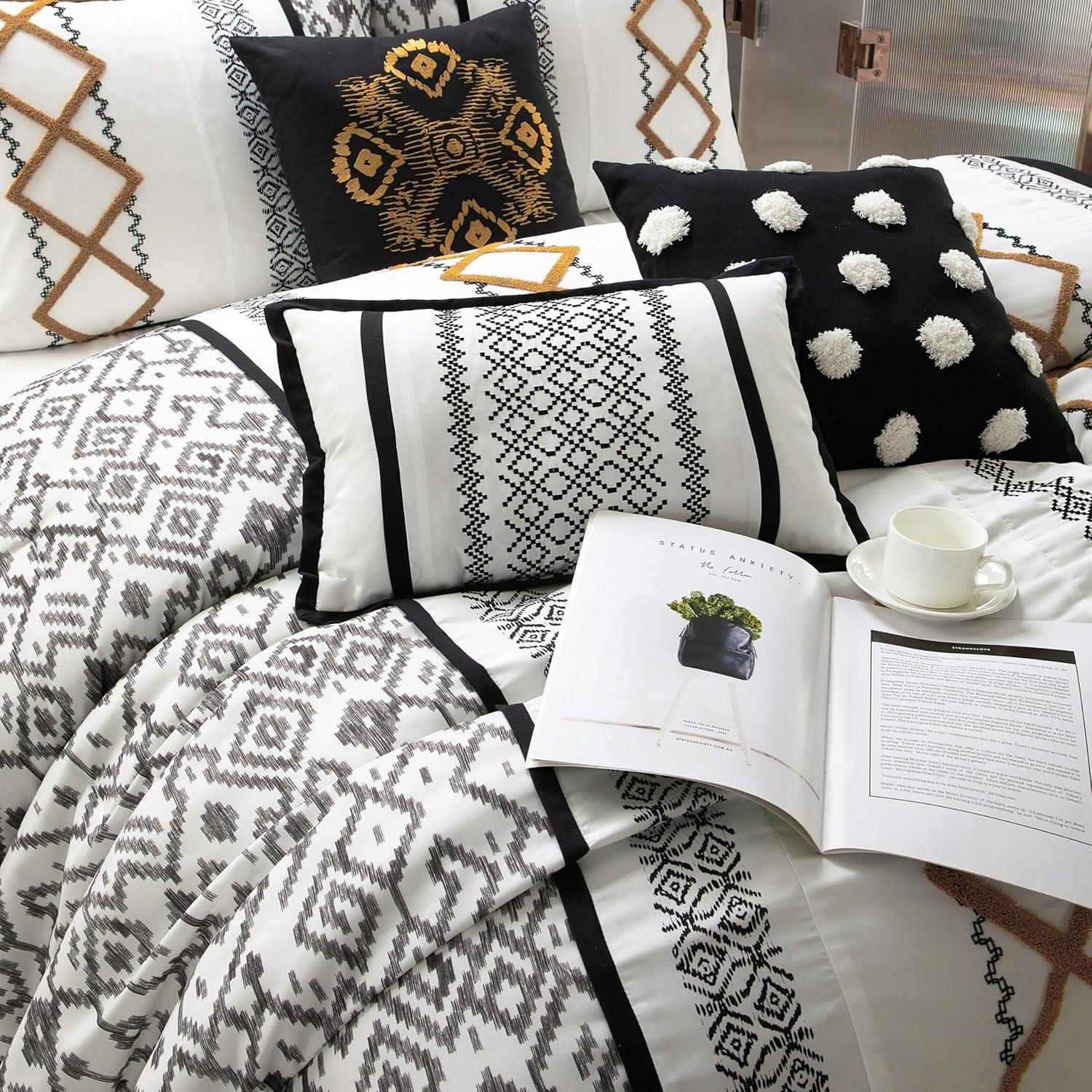 Lanco Luxury Black Gold Comforter Set California King Size , 7 Piece Terry embroidery, All Season Bedding Set