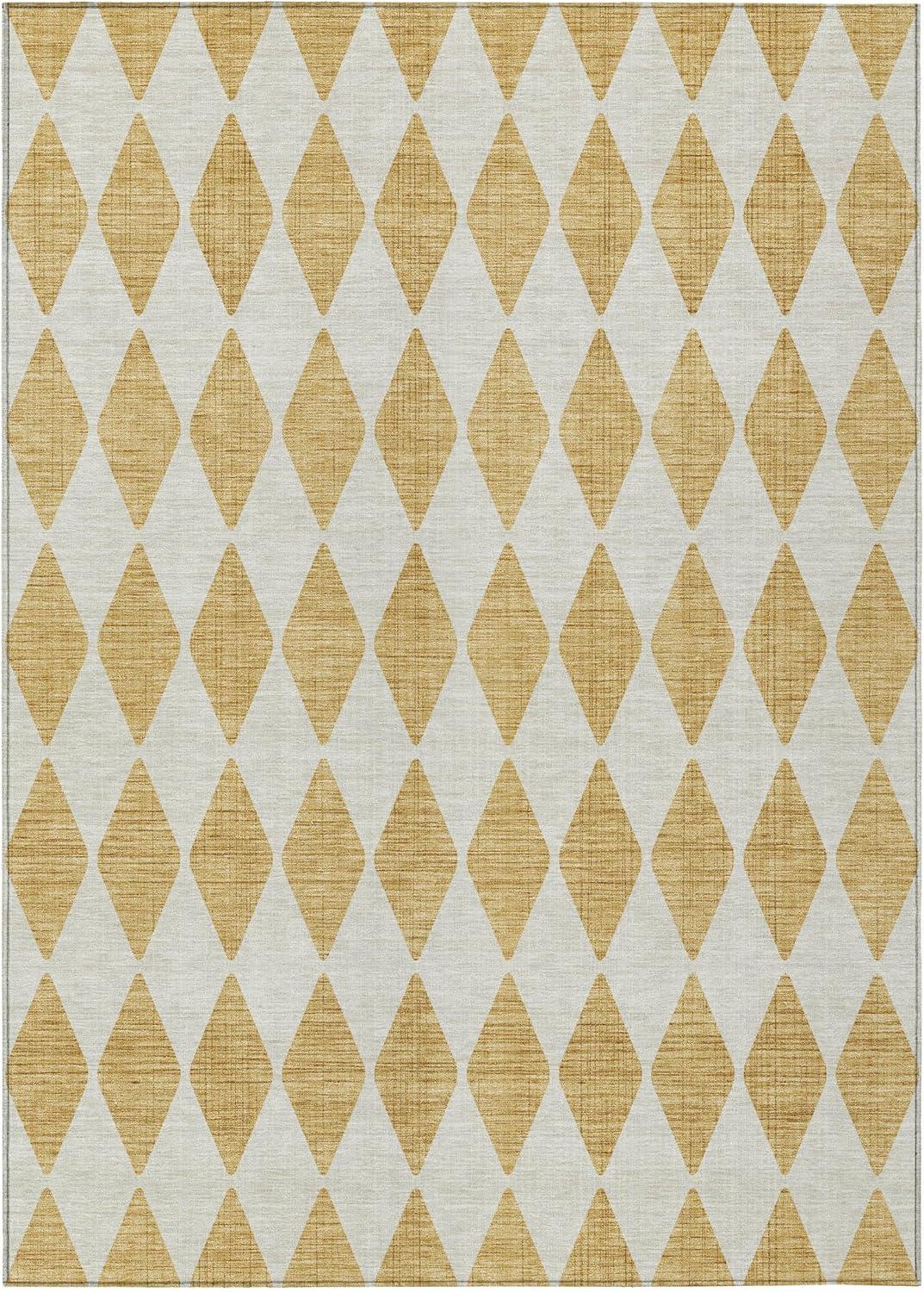 Gold and White Diamond Pattern Washable Synthetic Rug