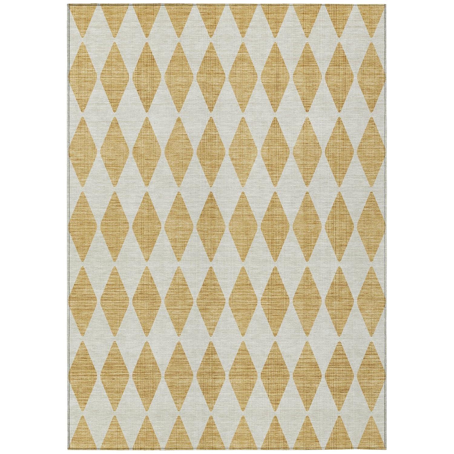 Gold and White Diamond Pattern Washable Synthetic Rug