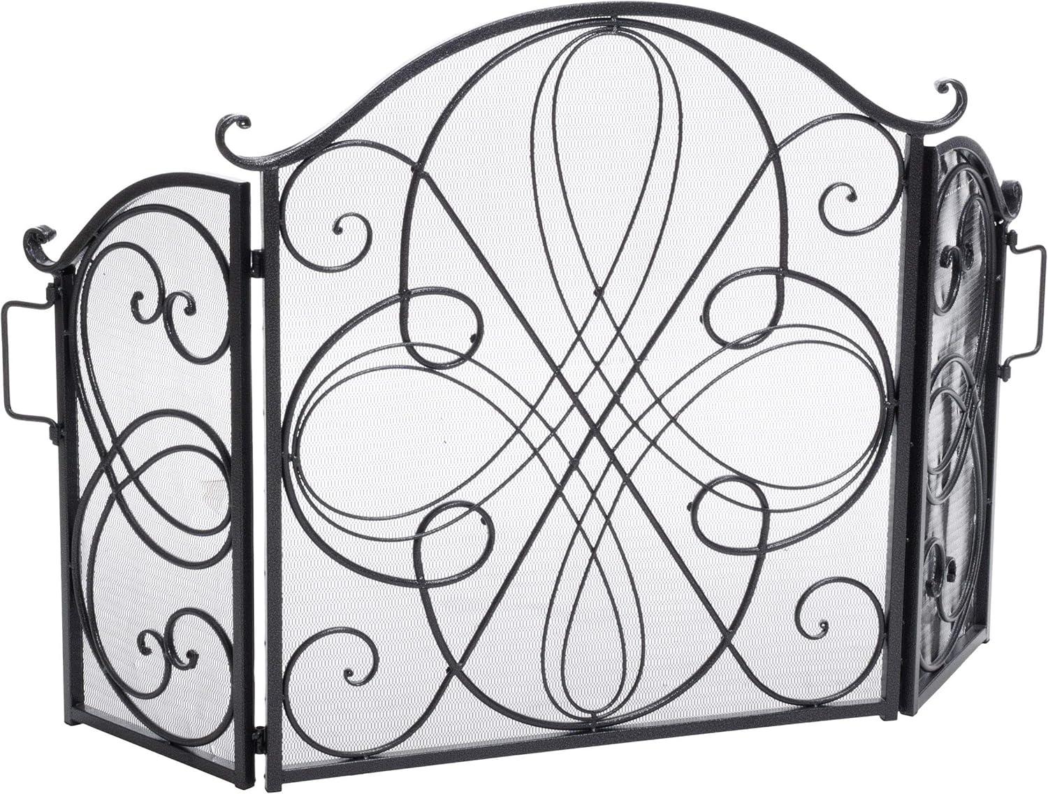 Ornate Black and Silver Iron Three-Panel Fireplace Screen