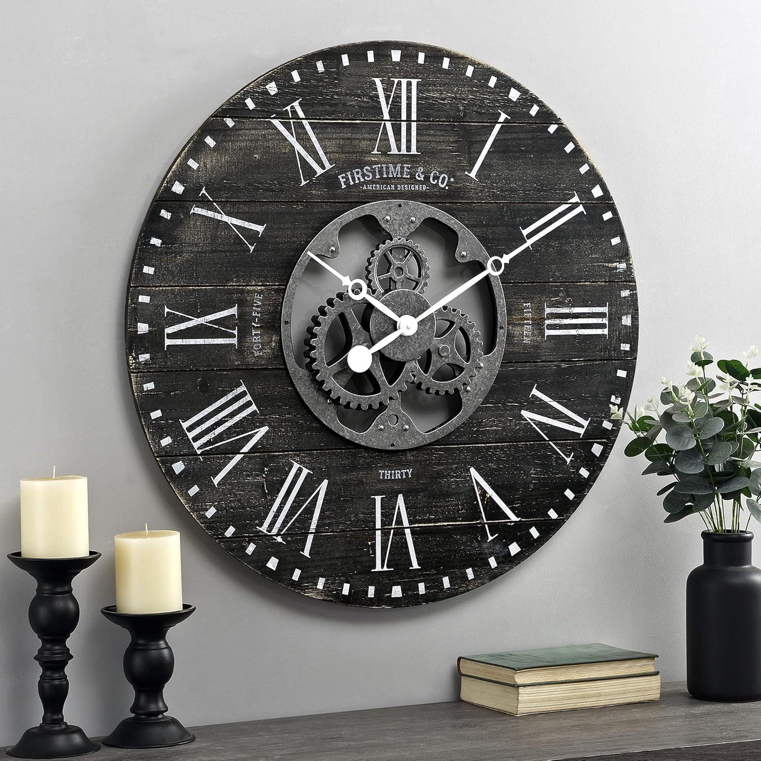 Oversized Black Shiplap Gears Wall Clock with Metal Hands