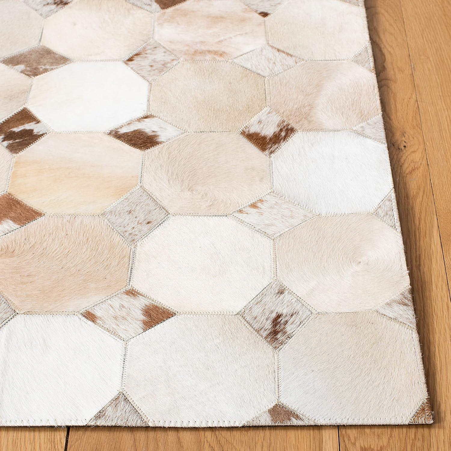 Ivory and Brown Geometric Cowhide Flat Woven Rug, 8' x 10'