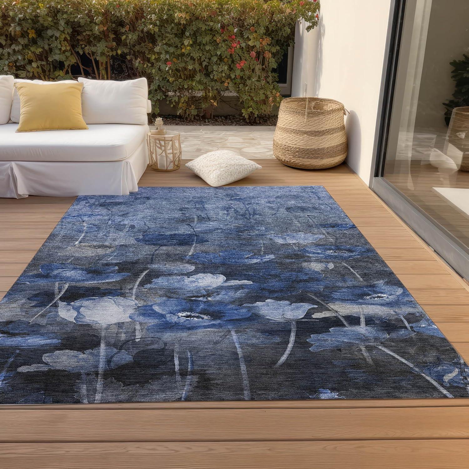 Blue Floral Machine-Washable Non-Slip 3' x 5' Area Rug