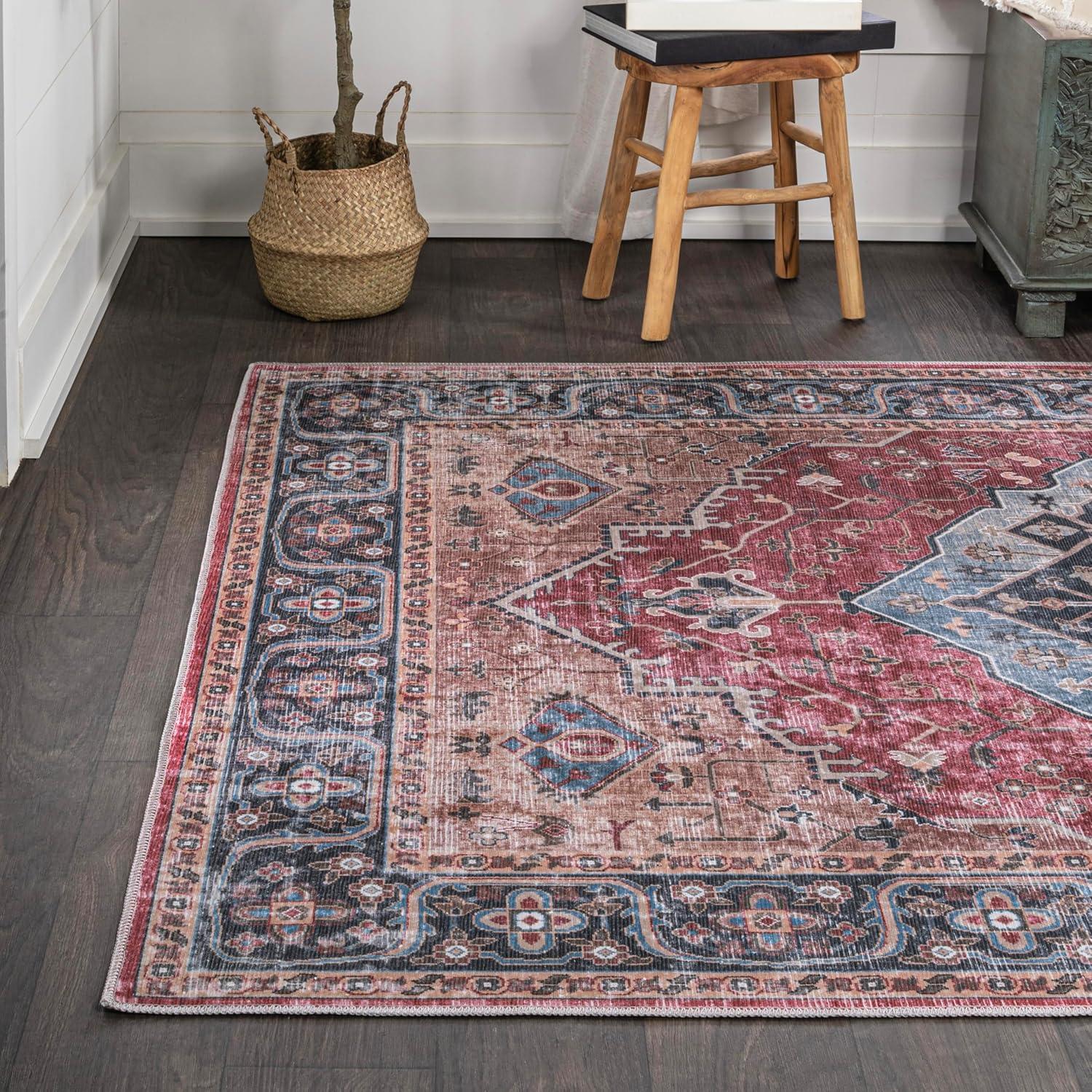 Alacati Ogee Medallion Machine-Washable Red/Blue/Brown 3 ft. x 5 ft. Area Rug - JONATHAN Y