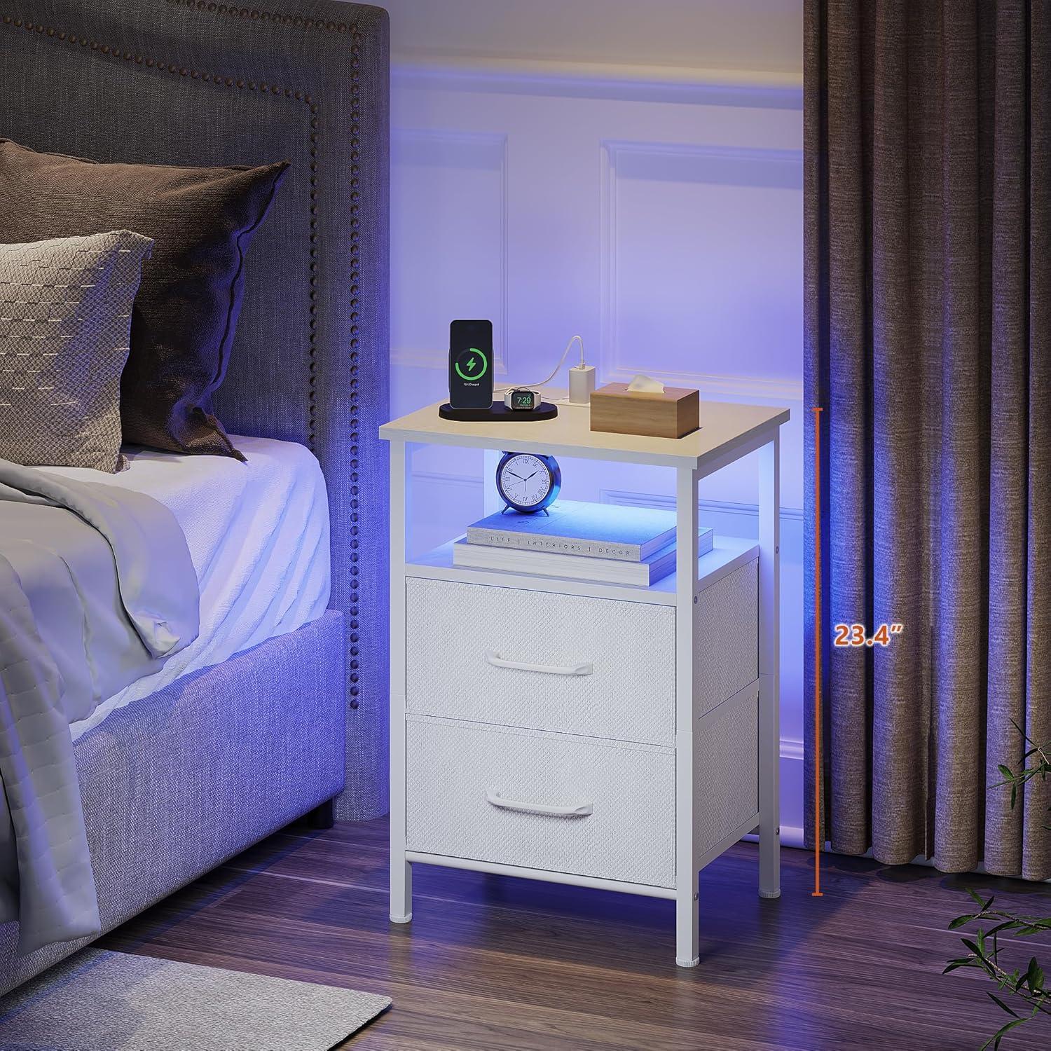 End Table with Charging Station, Narrow Side Table with 2 Fabric Drawers, Skinny Nightstand with LED Light, Slim Bedside Table for Bedroom, Living Room, Small Spaces, White