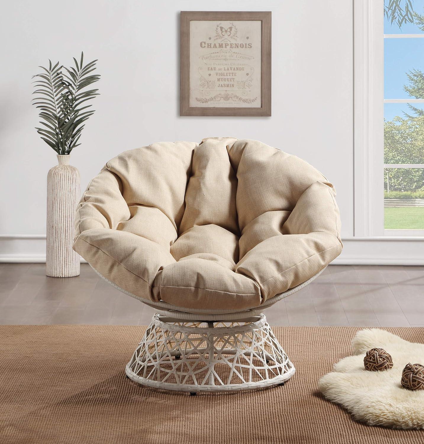 Papasan Chair with Cream Round Fabric Pillow Cushion and Cream Wicker Weave