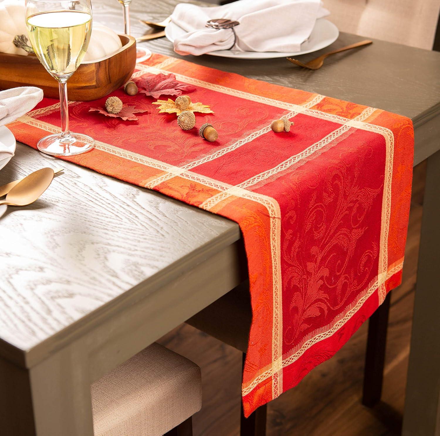 Harvest Wheat Jacquard Cotton Table Runner, 14x108, Red and Orange