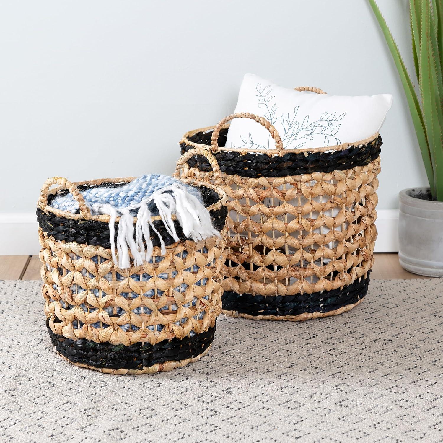 Set Of 2 Round Decorative Wicker Baskets With Handles, Natural/Black Natural