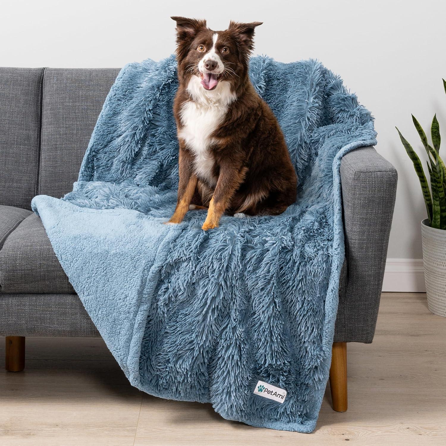 PetAmi Waterproof Dog Blanket For Small Medium Dog, Puppy Pet Blanket Couch Cover Protection, Sherpa Fleece Fuzzy Cat Blanket Throw Sofa Bed Furniture Protector Reversible Soft, 29x40 Dusty Light Blue