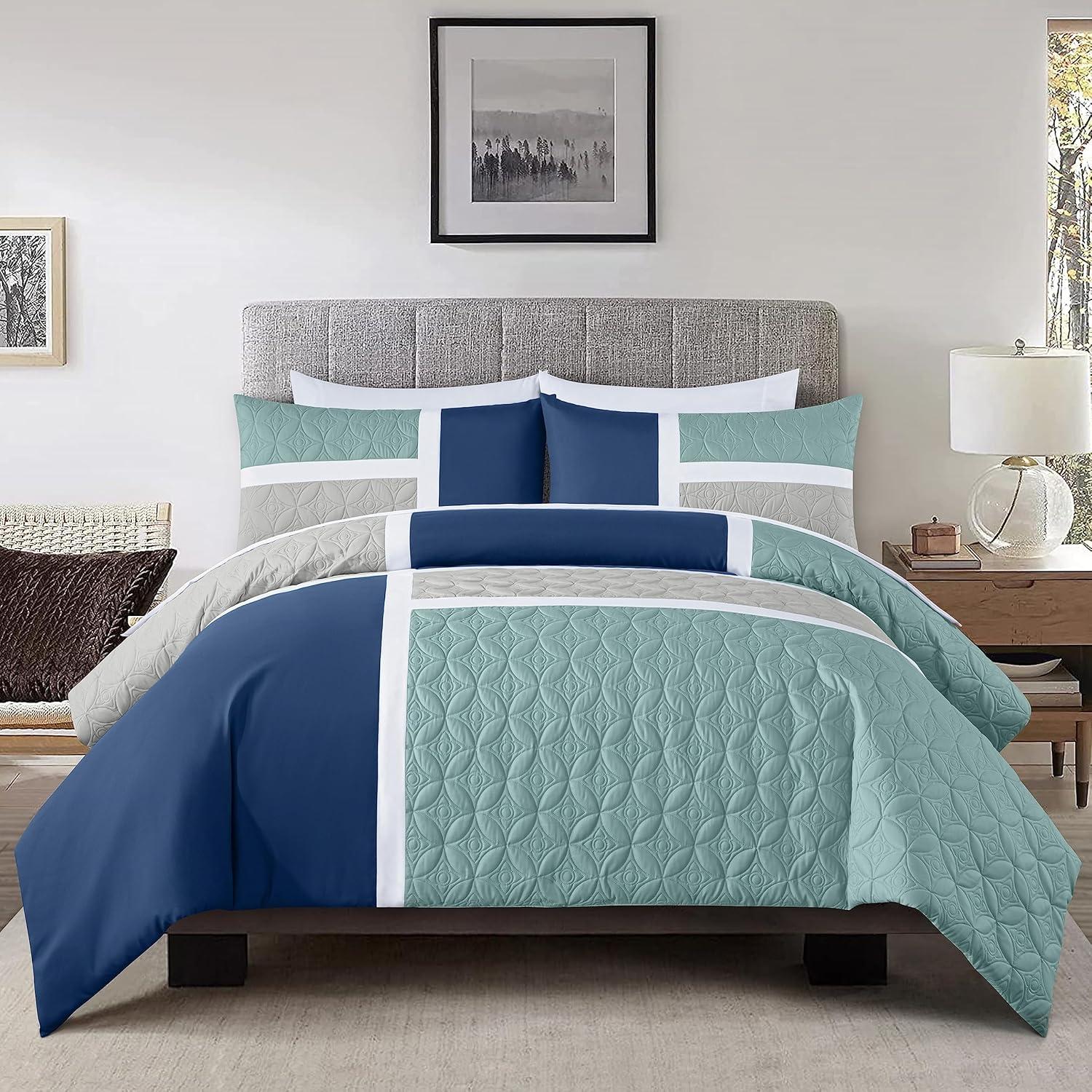 Chezmoi Collection Bernard 7-Piece King Bed in a Bag Comforter Set with Sheets, Lightweight Comforter Navy Blue Gray Patchwork Quilted Medallion Bedding Set for All Season