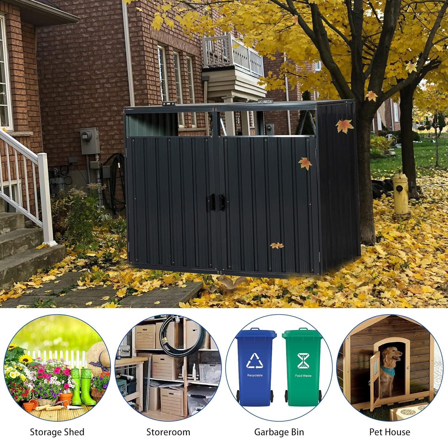 Outdoor Trash Storage Shed for 2 Garbage Cans, Wheelie Bin Hider, Outside Can Storage