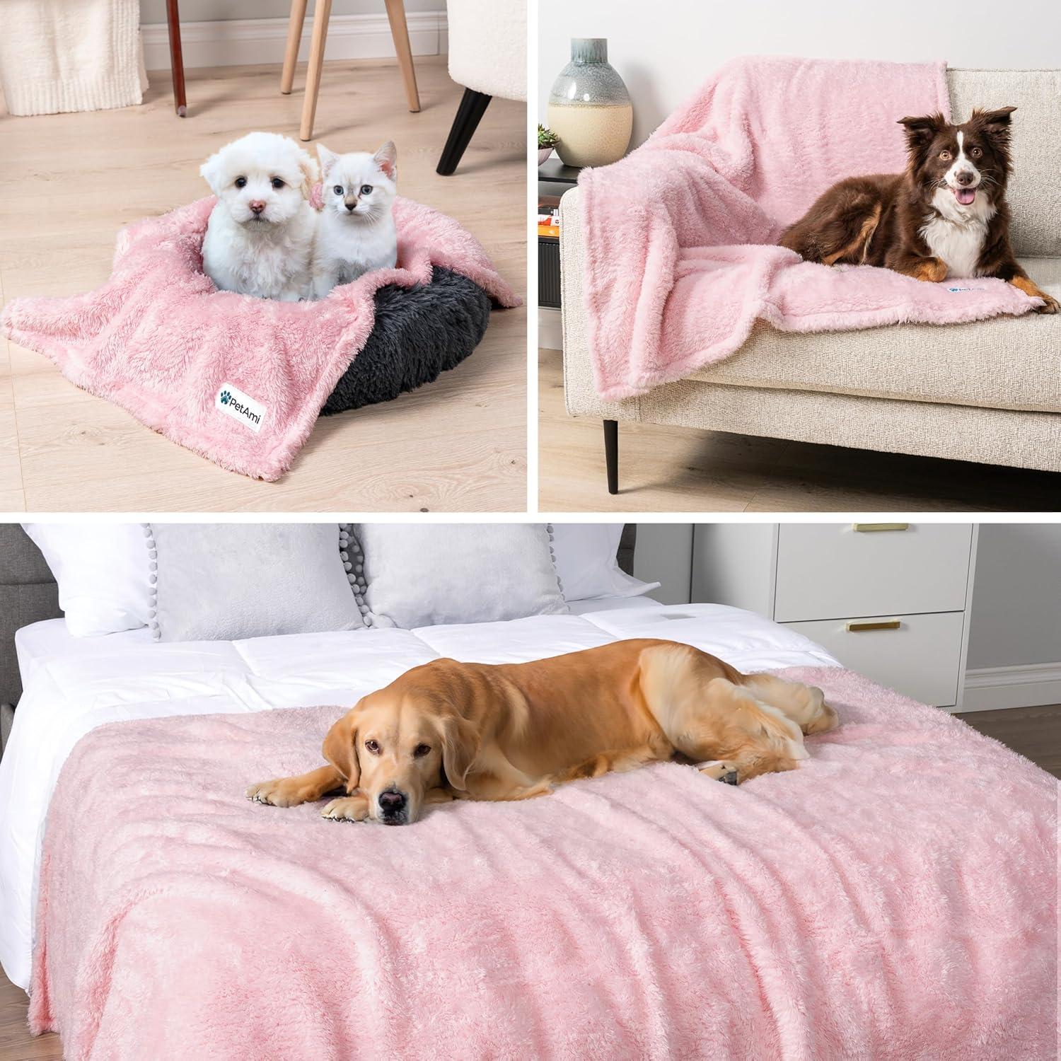 PetAmi Fluffy Waterproof Dog Blanket For Pet Cat Puppy, Soft Faux Shearling Throw Couch Cover, Plush Washable Reversible