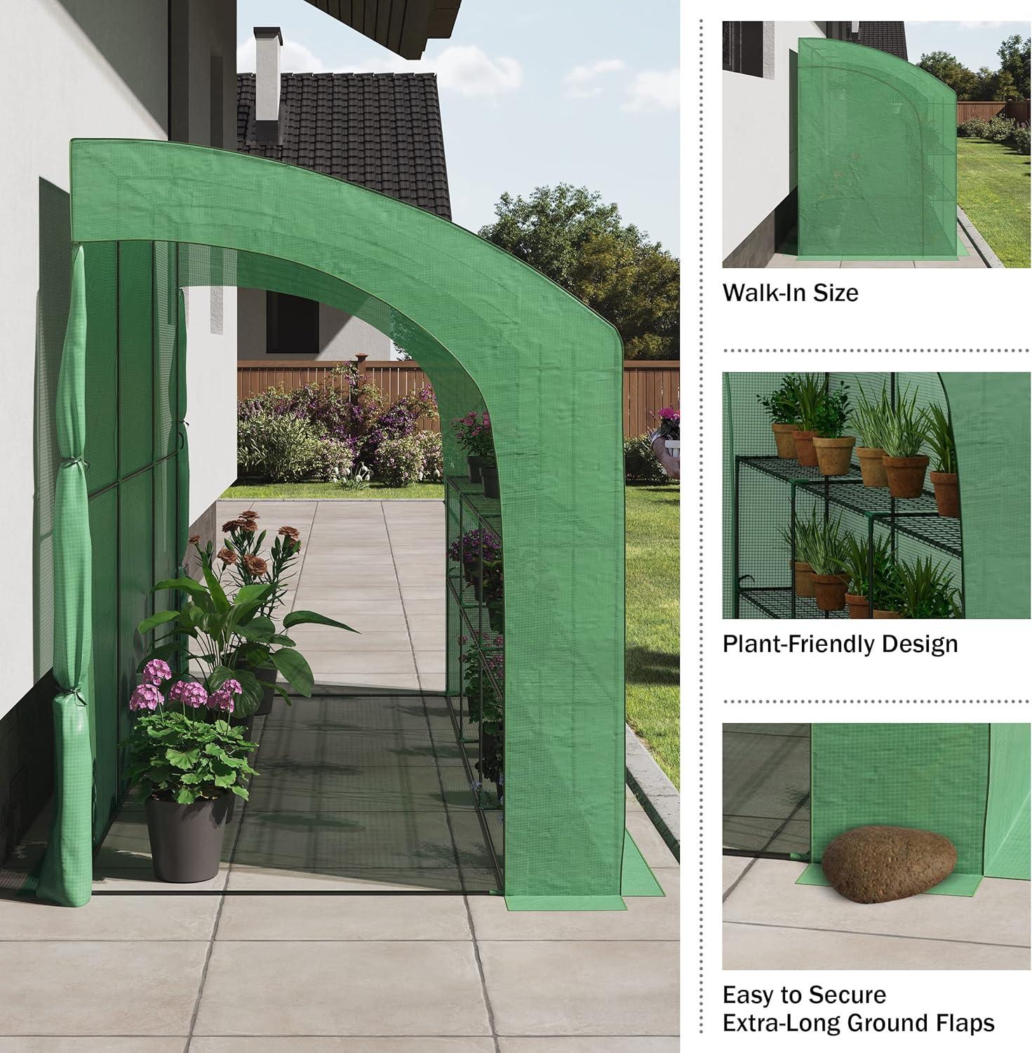 Lean To Greenhouse - 10ft x 5ft x 7ft Walk In Green House with Roll-Up Zippered Doors and 6 Shelves - Gardening Supplies by Home-Complete (Green)