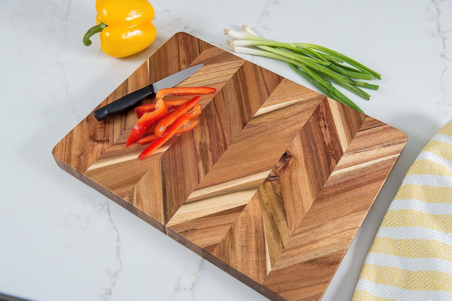 Acacia Herringbone Rectangular Cutting/Serve Board With Inset Handles And Well, Medium   ETA July