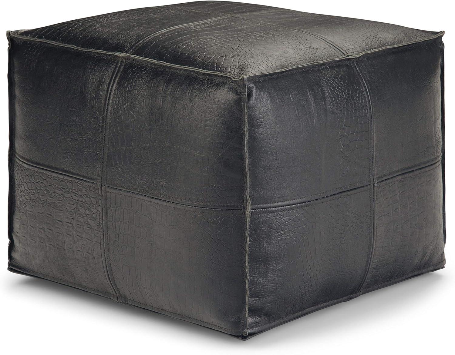 Bowen Boho Square Pouf in Black Genuine Leather