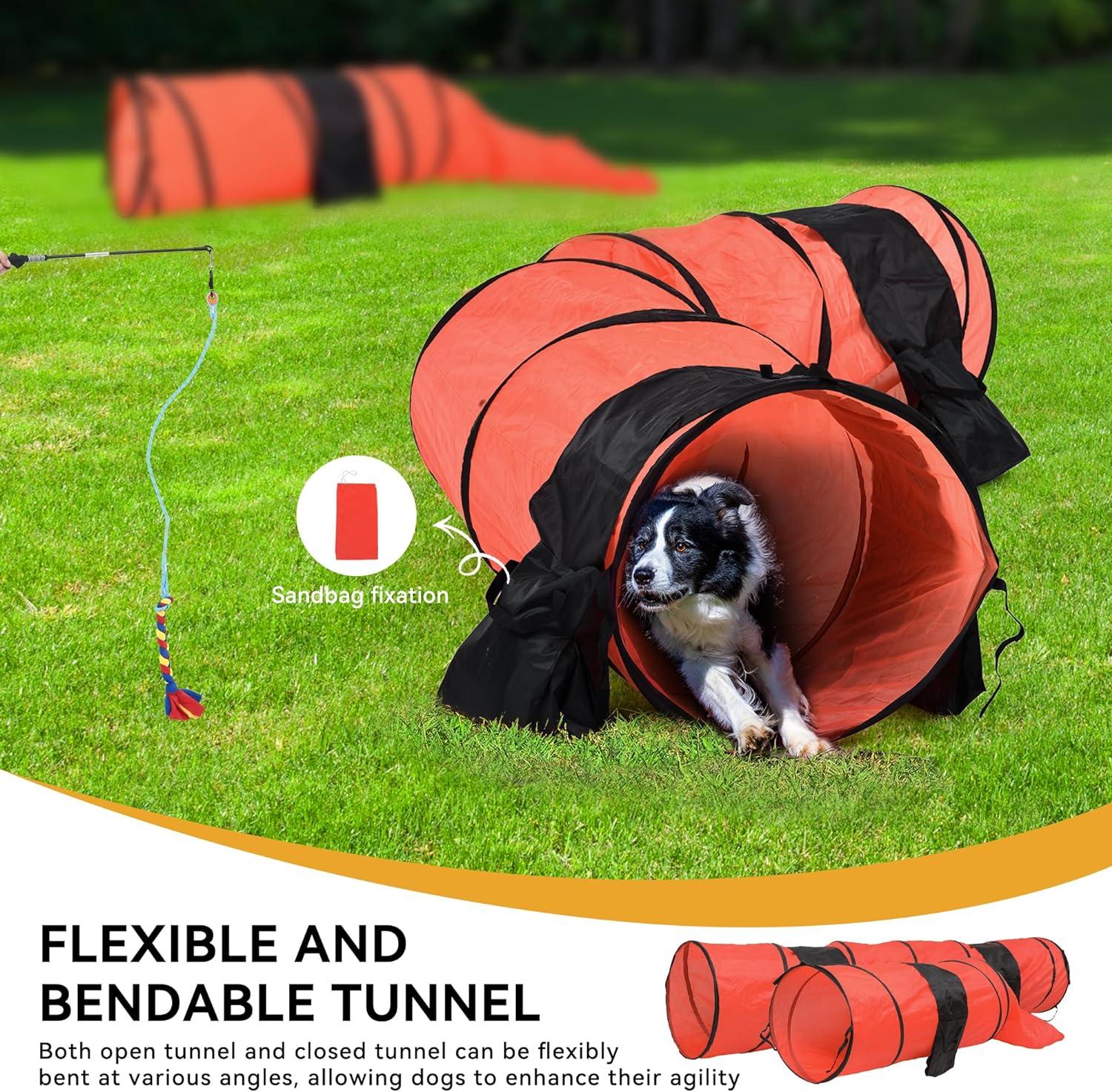 Dog Agility Equipments, Includes Flirt Pole Toy, 3 Flying Discs, 2 Agility Tunnel, 3 Jumps, 6 Weave Poles, Pause Box,Agility Course Set for Backyard, Indoor, Outdoor